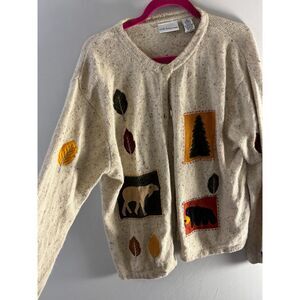 Craft & Barrow XL Woodland Appliqué Cardigan Wool Angora Bear Moose Cottagecore